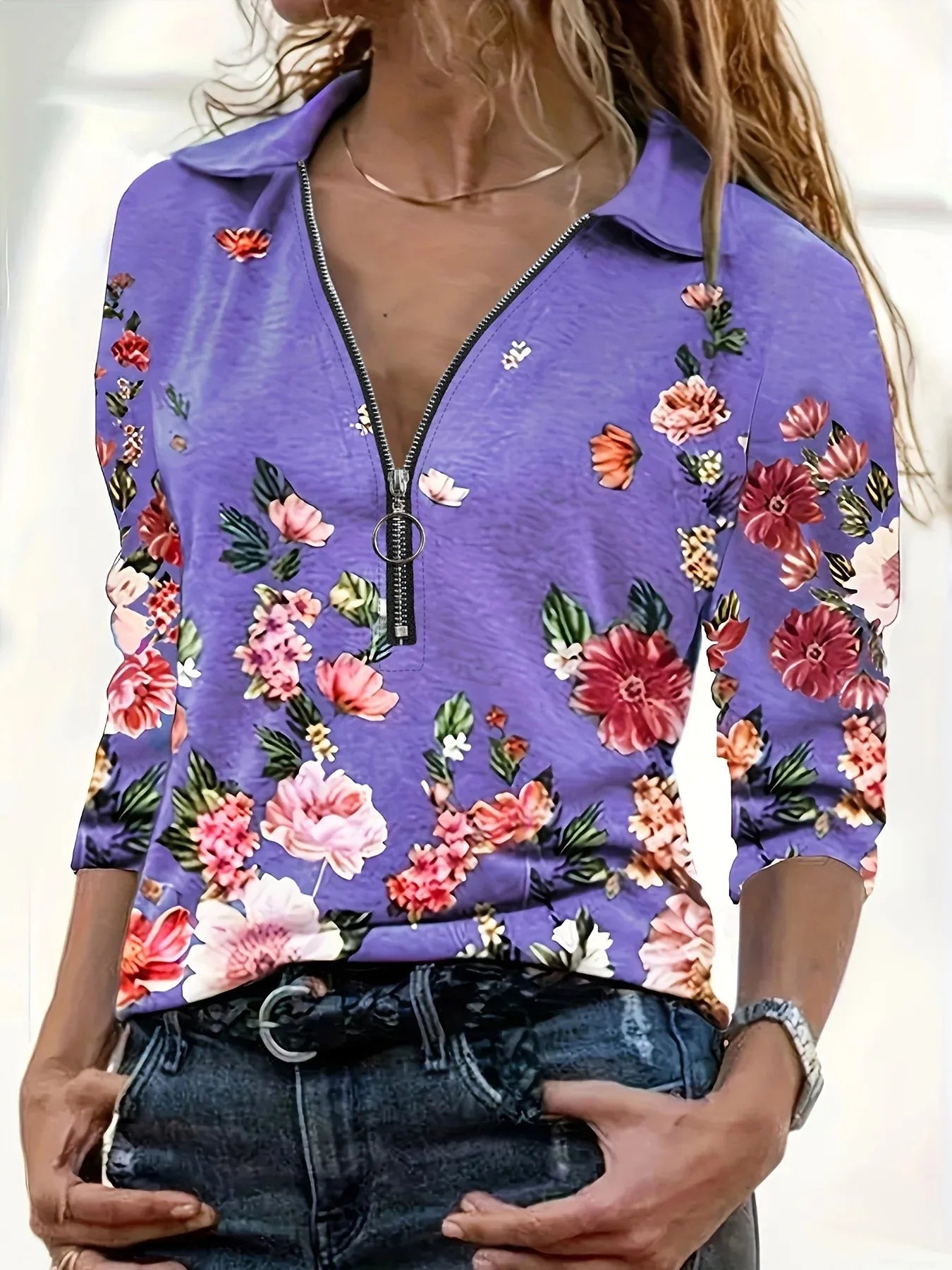 Women's Fashion Zipper Flower Print Long sleeved Top - Shop & Buy