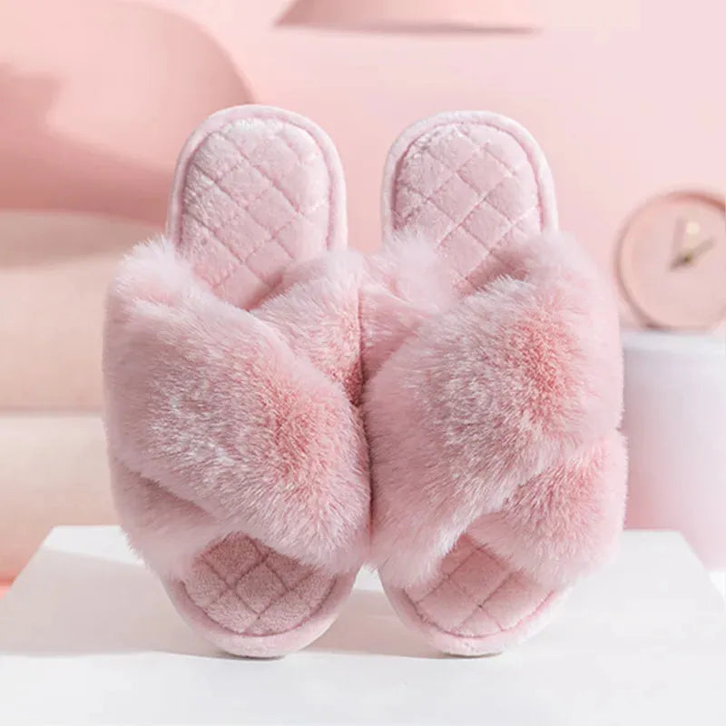 Women's Cross Band White Fur Slippers Winter Warm Plush Soft House Slippers for Women - Shop & Buy