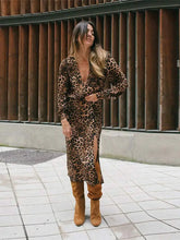 Load image into Gallery viewer, Fashion Leopard Print Long Sleeve Dress For Women V-neck Side Split Casual Loose Dresses
