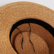 Load image into Gallery viewer, French Style Women Summer Sun Beach Flat Straw Hat Khkai Vacation Panama Straw Woven Small Top Hat White Ribbon
