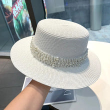 Load image into Gallery viewer, New Flat Top Straw Hat Pearl Decoration Leisure Summer Sunscreen Hat
