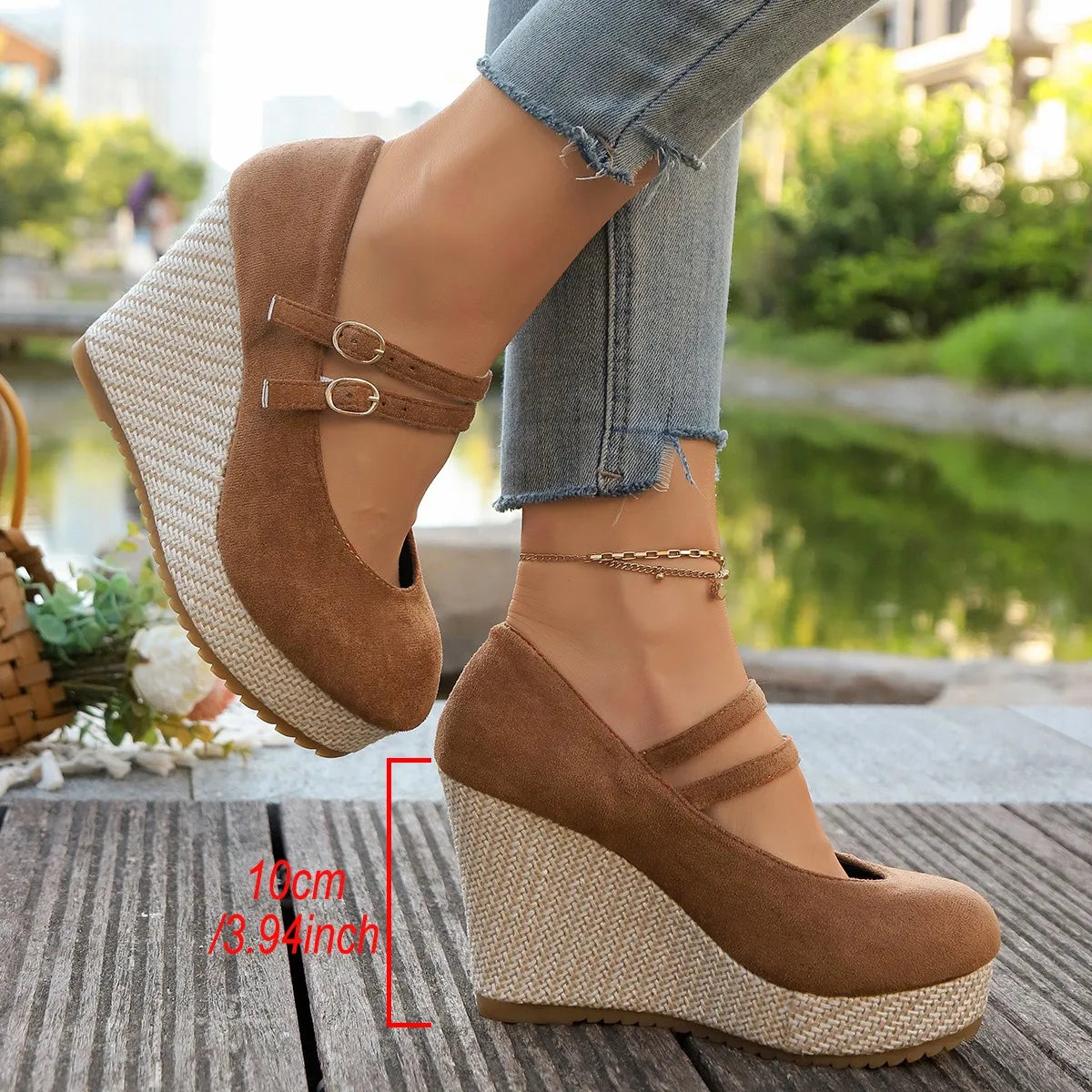 Elegant Women's Wedge Heel Pumps Fashion Double Buckle Super High Heels Shoes Woman Lightweight Thick Platform Pumps Plus Size