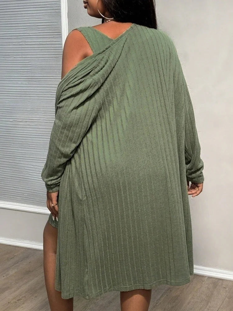 Women Two Piece Grey Green Women's Versatile Elegant Fashion Set Cloak Dress 2 Piece Set