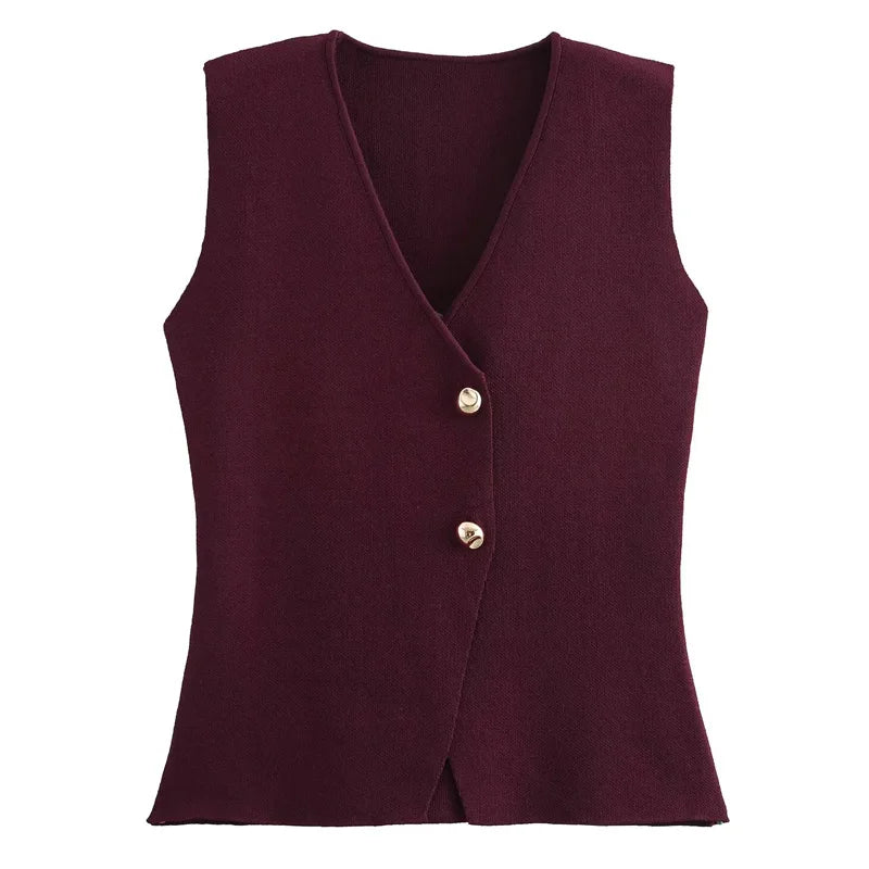 Woman Burgundy Knit Vest Women's Vest Fall Crop Sleeveless Waistcoat Bustier V Neck Sweaters