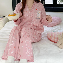 Load image into Gallery viewer, Japanese Kimono Autumn Winter Women Pajamas Sets Faux Cotton Long Sleeves Homesuits
