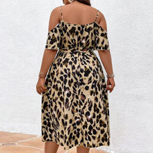 Load image into Gallery viewer, Plus Size Leopard Print V Neck Dress Casual Short Sleeve Slit Belted Dresses
