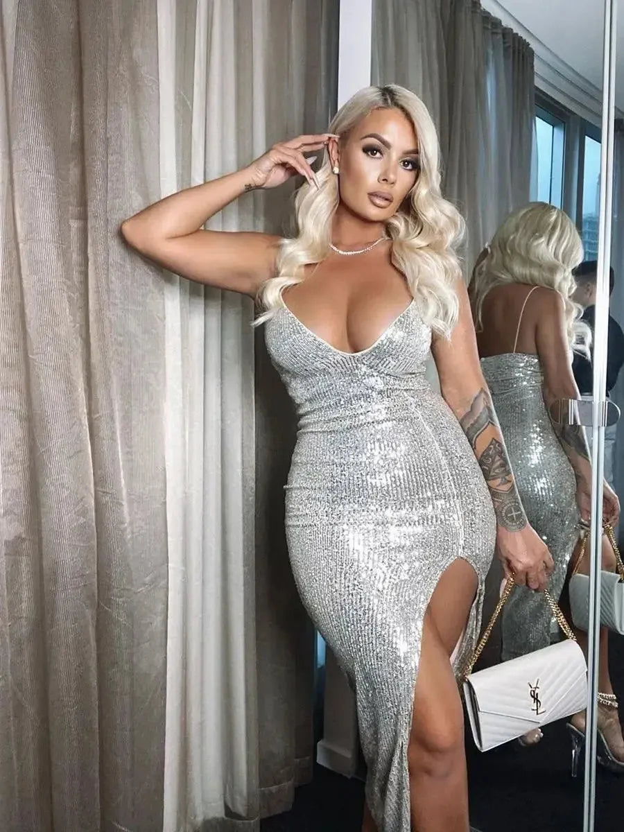 Women's Sexy Evening Party Sequined Glitter Silver Deep V-neck Thin Spaghetti Straps High Split Bodycon Long Dress - Shop & Buy