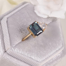 Load image into Gallery viewer, Unique Color Changing Emerald Cut Alexandrite Teardrop Moissanite Engagement 14K Yellow Gold Toi Et Moi Ring