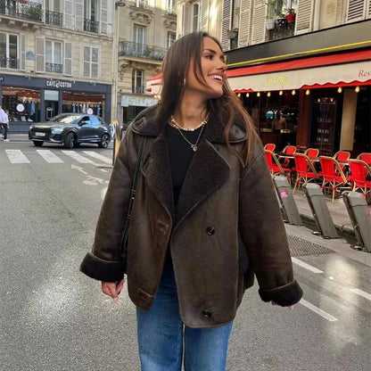 Women's new thick jacket Vintage lapel leather jacket single breasted pocket street warm jacket - Shop & Buy