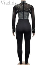 Load image into Gallery viewer, Pearls Rhinestone Romper for Women Jumpsuits Mesh See Through Skinny One Piece Overalls
