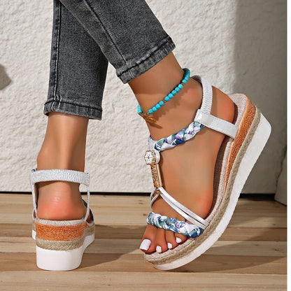 Bohemian Style Braided Wedge Sandals Women Metal Decor Platform Gladiator Sandals Woman Summer Comfortable Non Slip Beach Shoes