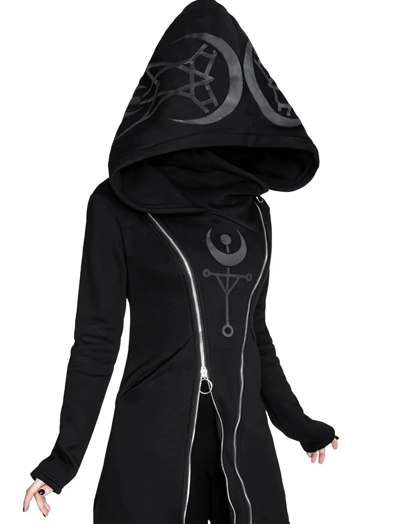 Women's Gothic Zip-Up Hooded Jacket | Sun Moon Geometric Print | Durable All-Season Streetwear - Shop & Buy