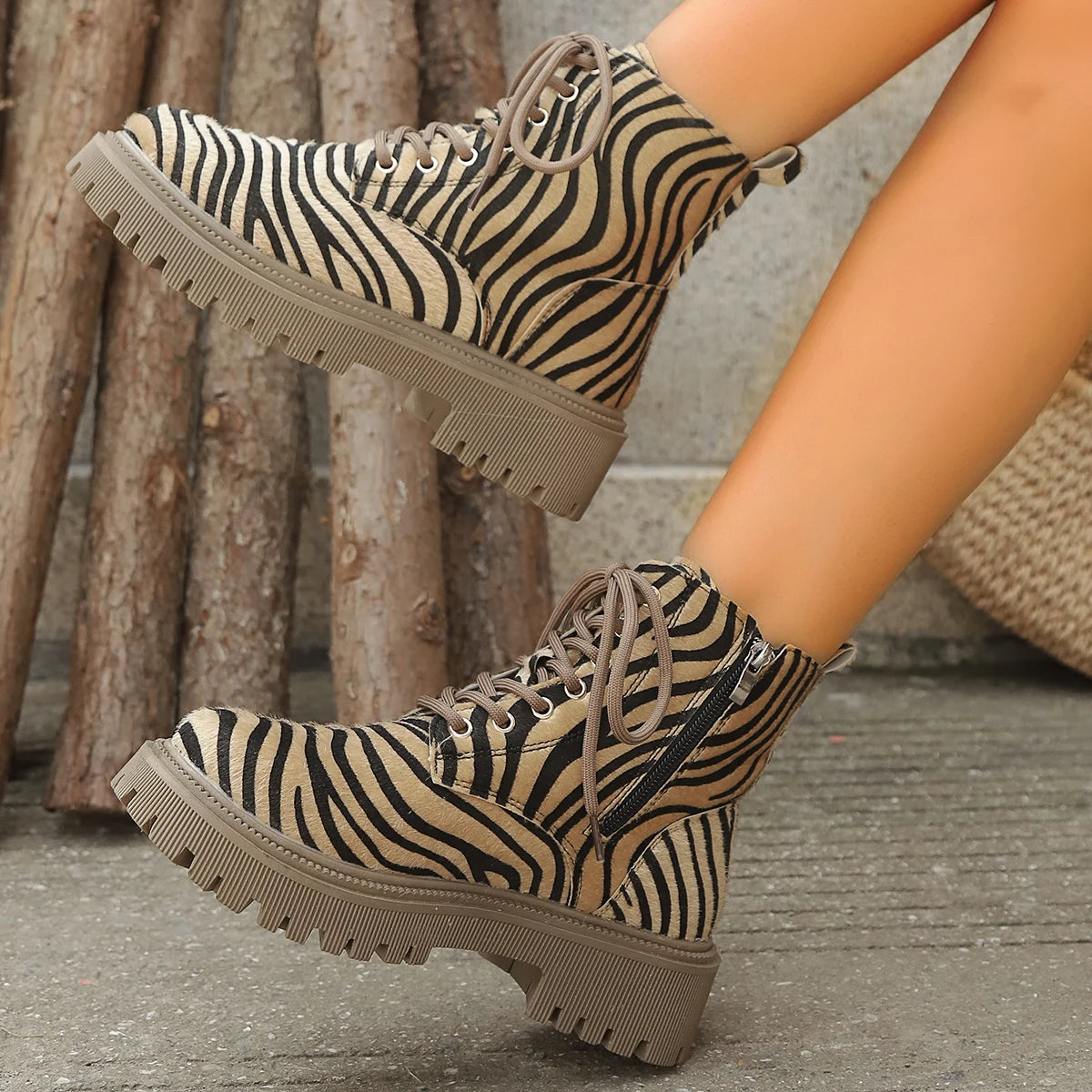 Zebra Print Ankle Boots for Women Fashion Zipper Lace Up Platform Combat Boots - Shop & Buy