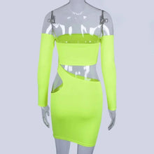 Load image into Gallery viewer, Neon Green Off Shoulder Tight Robe for Women Sexy Nightclub Full Sleeve Hollow Out Party Skinny Mini Dresses
