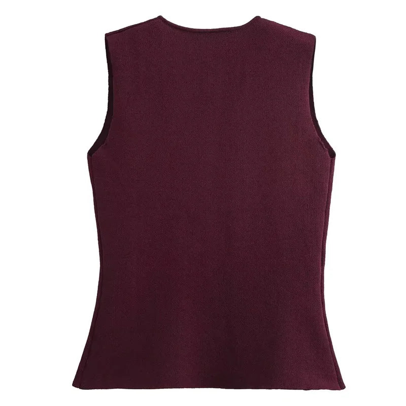 Woman Burgundy Knit Vest Women's Vest Fall Crop Sleeveless Waistcoat Bustier V Neck Sweaters