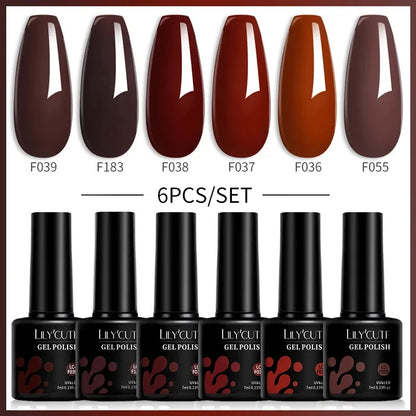 6Pcs/Set Gel Nail Polish Set 7ML Autumn Winter Coffee Color Series Semi Permanent UV Gel Chocolate Nail Art Gel Kit - Shop & Buy