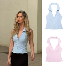 Load image into Gallery viewer, Summer new style elegant solid color shirt style halter neck slim fit top
