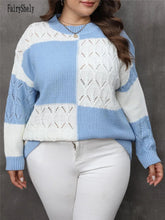 Load image into Gallery viewer, Sexy Patchwork Plus Size Sweater Women Stripe Hollowed Large Pullover Lady Loose Oversize Jumper Big Jerseys Curvy Knitwear
