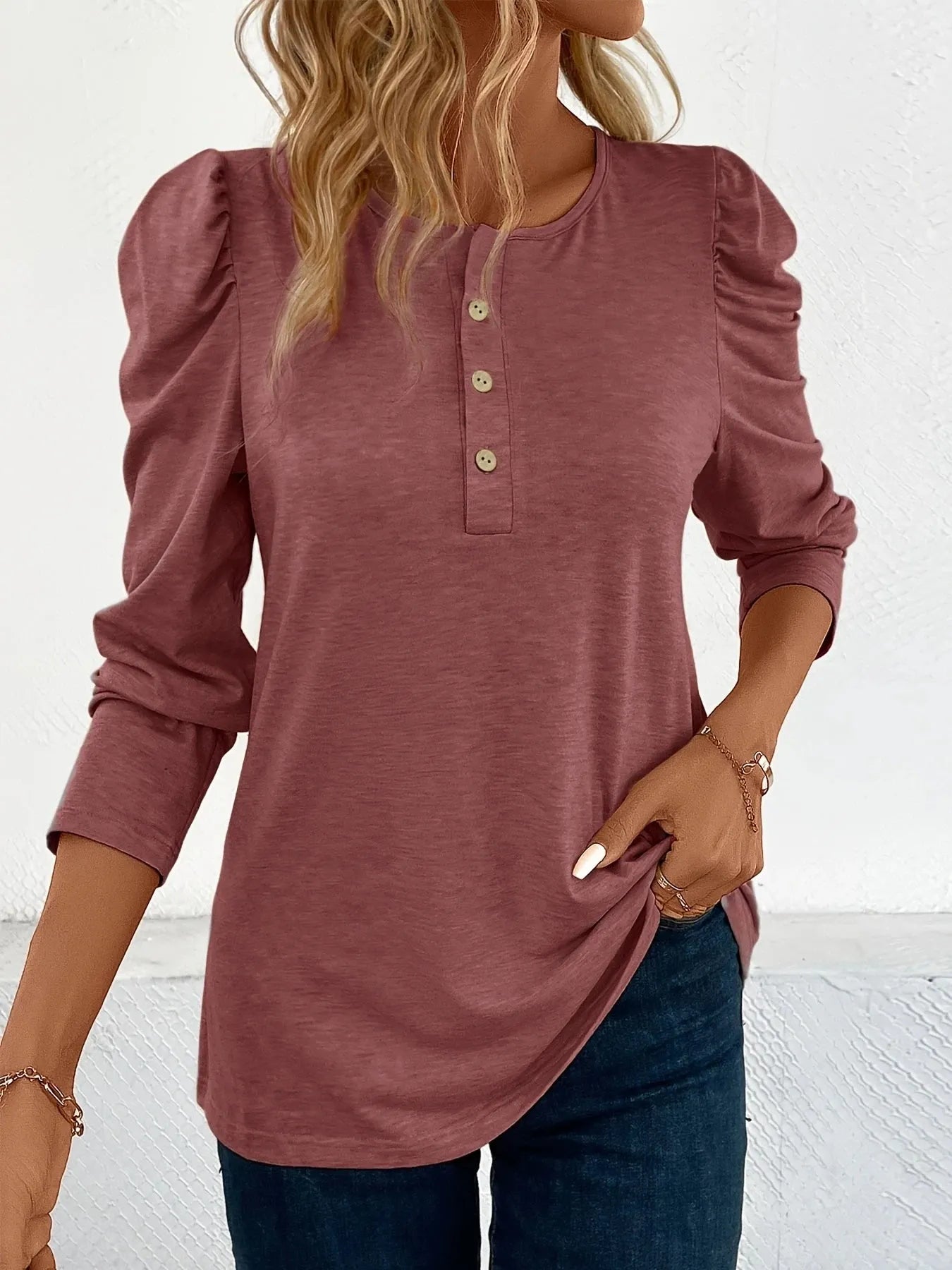 Women's fashionable solid color button pleated long sleeves - Shop & Buy