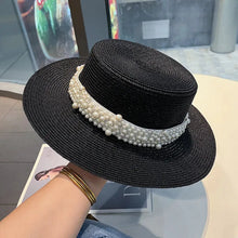 Load image into Gallery viewer, New Flat Top Straw Hat Pearl Decoration Leisure Summer Sunscreen Hat
