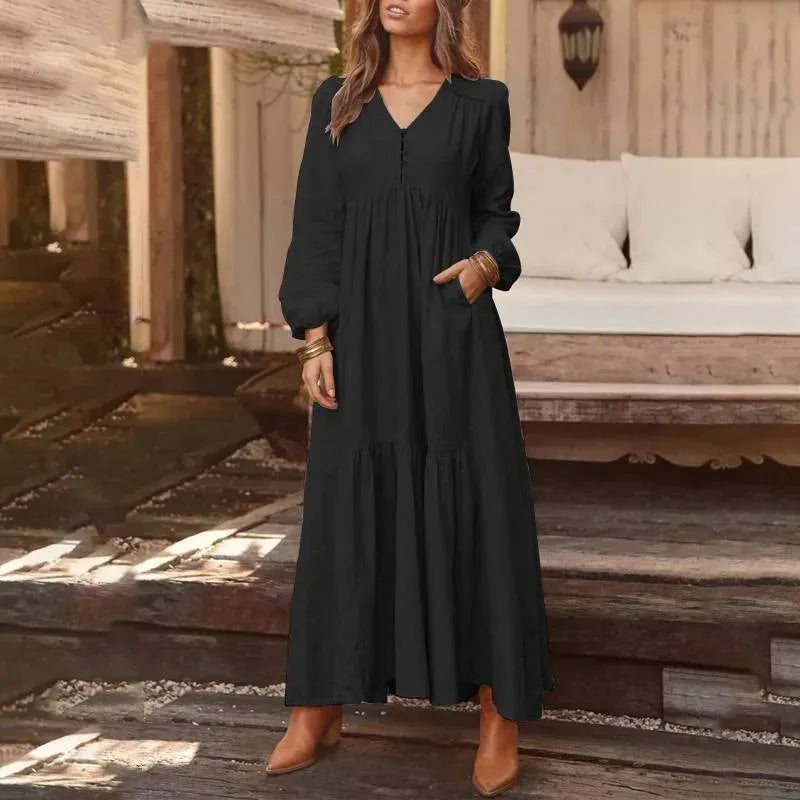 Women's Dresses Button Retro Casual Long Sleeved Long Skirts 2024 Autumn Winter New Solid Color Plus Size Female Clothing - Shop & Buy