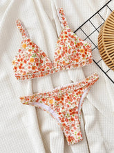 Load image into Gallery viewer, Orange Floral Print Bikini Women&#39;s Ruffle 2 Piece Swimsuit High Waist V-neck Suspender Backless Bathing Suit Swimwear
