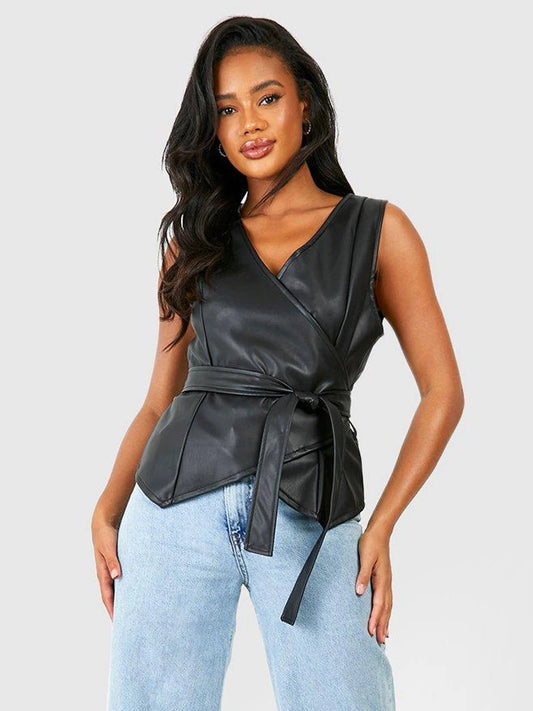 Black Matte Leather Vest Women Elegant Sleeveless V Neck Stretch PU Camisole Chic Waist Bandage Top