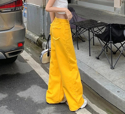 American Street Fashion Y2K Lemon Yellow Casual Jeans Women Summer New Straight Loose Wide Leg Floor Length Denim Pants