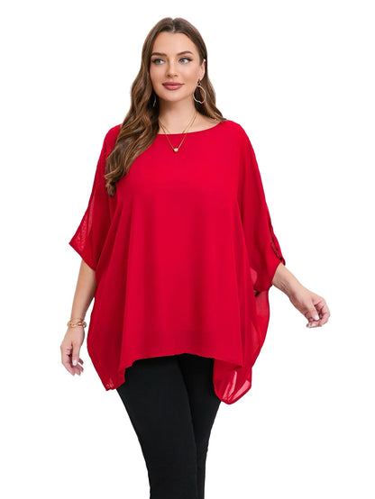 Womens Plus Size Elegant Summer Blouse Batwing Sleeve Oversized Chiffon Blouse Scoop Neck Large Size Casual Tunic Top Shirt 6XL - Shop & Buy