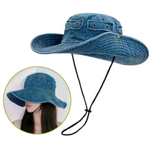 Load image into Gallery viewer, Cowboy Bucket Hat with String Men Denim Beach Sun Hat for Women Outdoor Hiking Fisherman Hat
