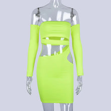 Load image into Gallery viewer, Neon Green Off Shoulder Tight Robe for Women Sexy Nightclub Full Sleeve Hollow Out Party Skinny Mini Dresses
