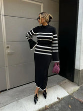 Load image into Gallery viewer, Elegant Stripes Split Long Sleeve Knitted Dress Women Fashion Round Neck Black White Dresses
