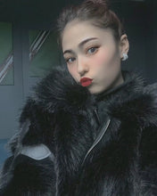 Load image into Gallery viewer, Winter Women Cotton Jacket Lapel Long Sleeve Patch Cross Short Fur Coat Black
