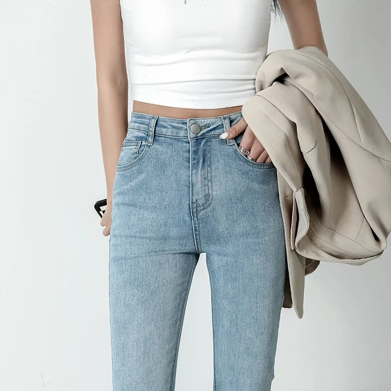 Women Flared Jeans Loose Denim Pants Bottom Straight High Waist Stretch Urban Female Flare Trouser