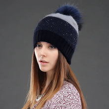 Load image into Gallery viewer, Women Hat Winter Sequins Knitted Rabbit Fur Beanies Fashion Warm Casual Hats With Natural Raccoon Fur Pompom Cap
