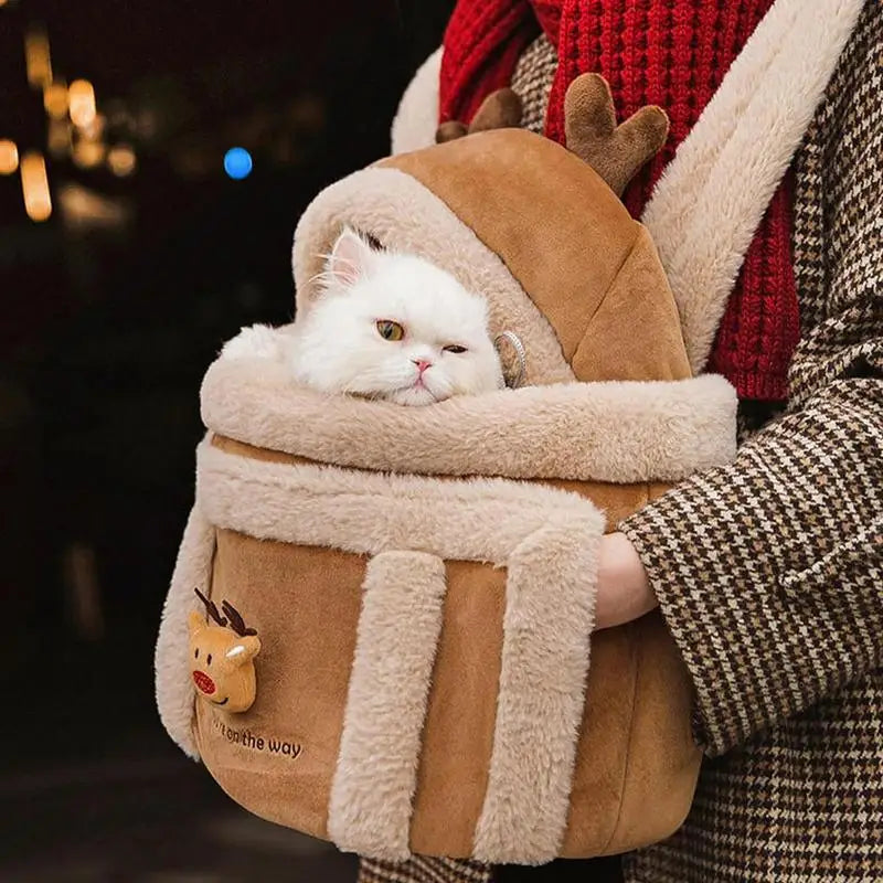 Pet Carrier Bag Winter Warm Soft Plush Elk Design Cats Dogs Backpack Carring supplies Pets Cage Walking Outdoor Travel accessory