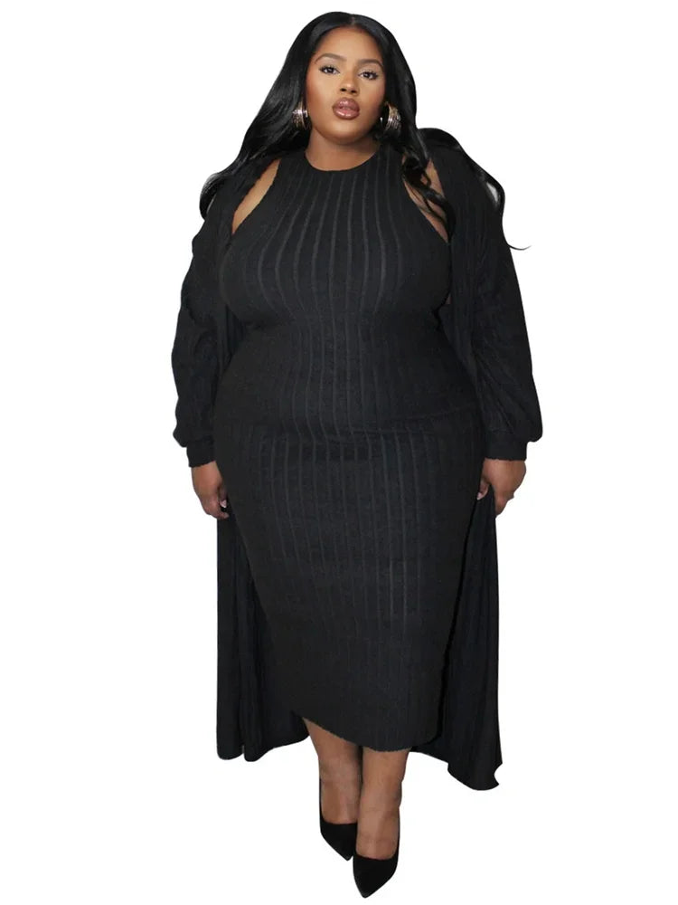 Plus Size Dress Sets 2 Piece Outfits  Maxi Dresses Out Wear Coat Cloak Sexy Matching Suit Fall