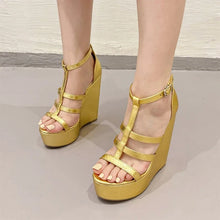 Load image into Gallery viewer, Summer Golden Open Toe Narrow Band Platform Wedges Woman Sandals Fashion Hollow Out Thick Bottom High Heels Shoes
