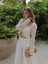 Load image into Gallery viewer, White Square Neck Lace Long Sleeved Crop Top Set Fashion Women High Waist Swing Maxi Skirt Suit
