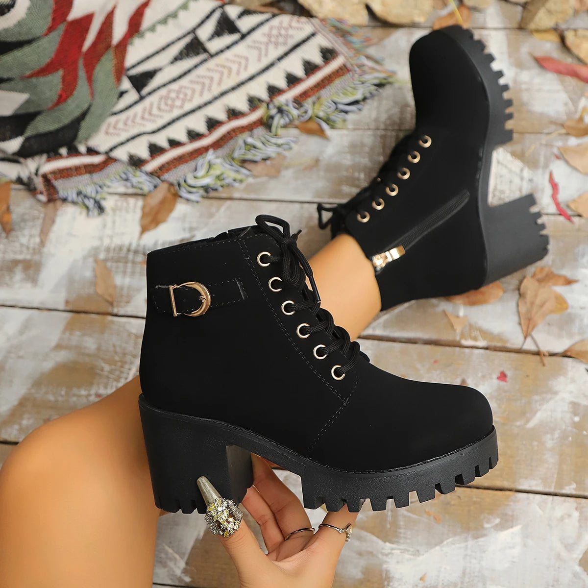 Women's Chunky Heeled Ankle Boots Fashion Metal Buckle Zip Lace Up Platform Booties - Shop & Buy