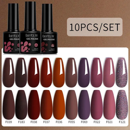 10PCS/Set Gel Nail Polish Brown Earth Coffee Color Series Gel Semi Permanent UV LED Gel Nail Art Soak Off Nail Gel Set - Shop & Buy