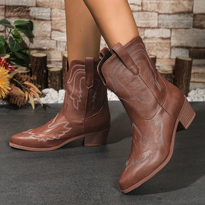 Women's Embroidery Ankle Boots Retro V-Cut Pointed Toe Chunky Heeled Western Boots - Shop & Buy