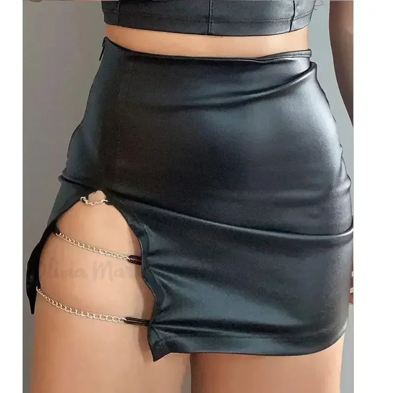 Women Black Matte Leather Mini Skirts Ladies Stretch PU Skirts with Chain Sexy Slim Wrap Hip Skirts Party Clubwear