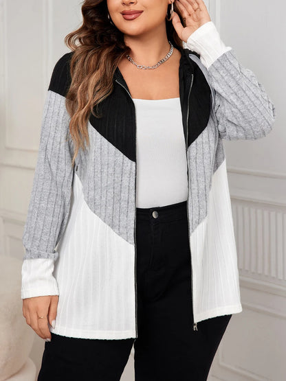 Women s Plus Size Hooded Cardigan Sweater with Zipper Closure and Ribbed Detailing for a Casual and Cozy Look