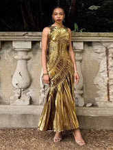 Load image into Gallery viewer, Metallic Color Pleated Patchwork Long Dress Women O-neck Sleeveless Bodycon Sexy Dresses
