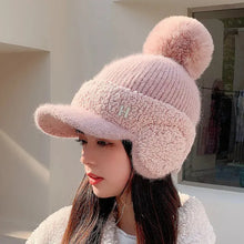 Load image into Gallery viewer, Winter Women Ear Protection Baseball Cap Letters Thickened Fur Ball Caps Fashion Knitting Warm Ladies Duck Tongue Hat
