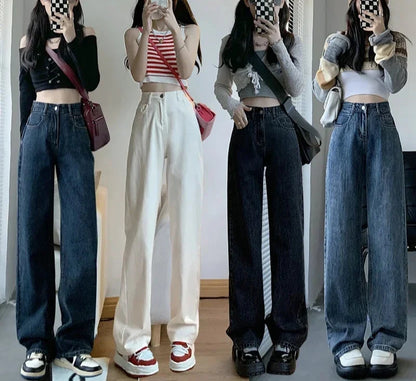 High Waisted Jeans Y2K Fashion Women Clothing Blue Black Straight Leg Denim Pants Trousers