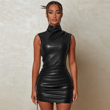 Load image into Gallery viewer, Women Hipster Drawstring Sleeveless Solid Faux PU Leather Mini Dress Turtleneck Body-shaping
