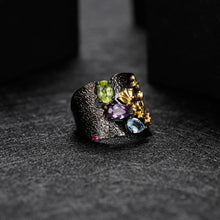 Load image into Gallery viewer, Natural Multicolor Gemstones Ring 925 Sterling Silver Handmade Humming Bee Flower Floral Garden Band Ring For Women
