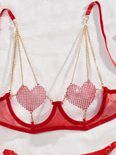 Load image into Gallery viewer, Heart Erotic Lingerie Onlyfans Kit Rhinestone Balcony Bra Bilizna Set Sissy Red Romantic
